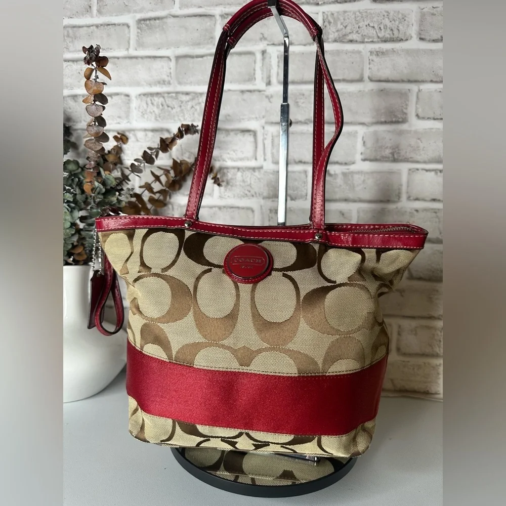 Coach red leather and canvas satchel clean interior COA available.